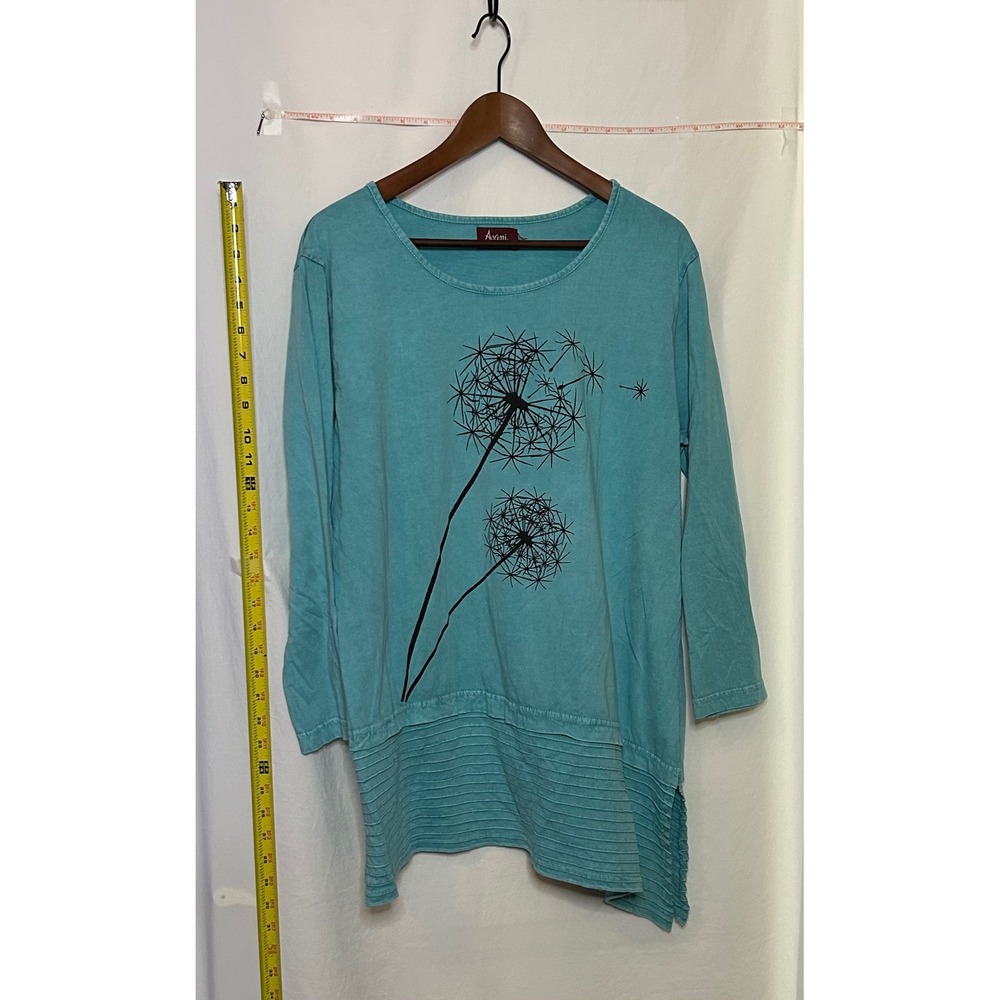Avani Del Amour Aqua Blue Dandelion Print Long Sleeve Tunic Top‎ Size M